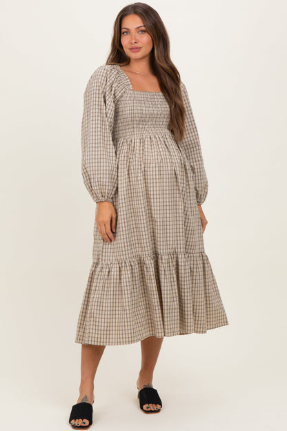 Beige Plaid Smocked Puff Sleeve Maternity Midi Dress