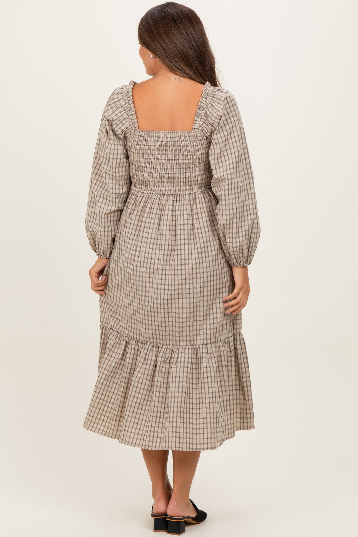 Beige Plaid Smocked Puff Sleeve Maternity Midi Dress