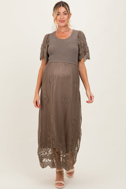 Olive Smocked Lace Detail Maternity Midi Dress