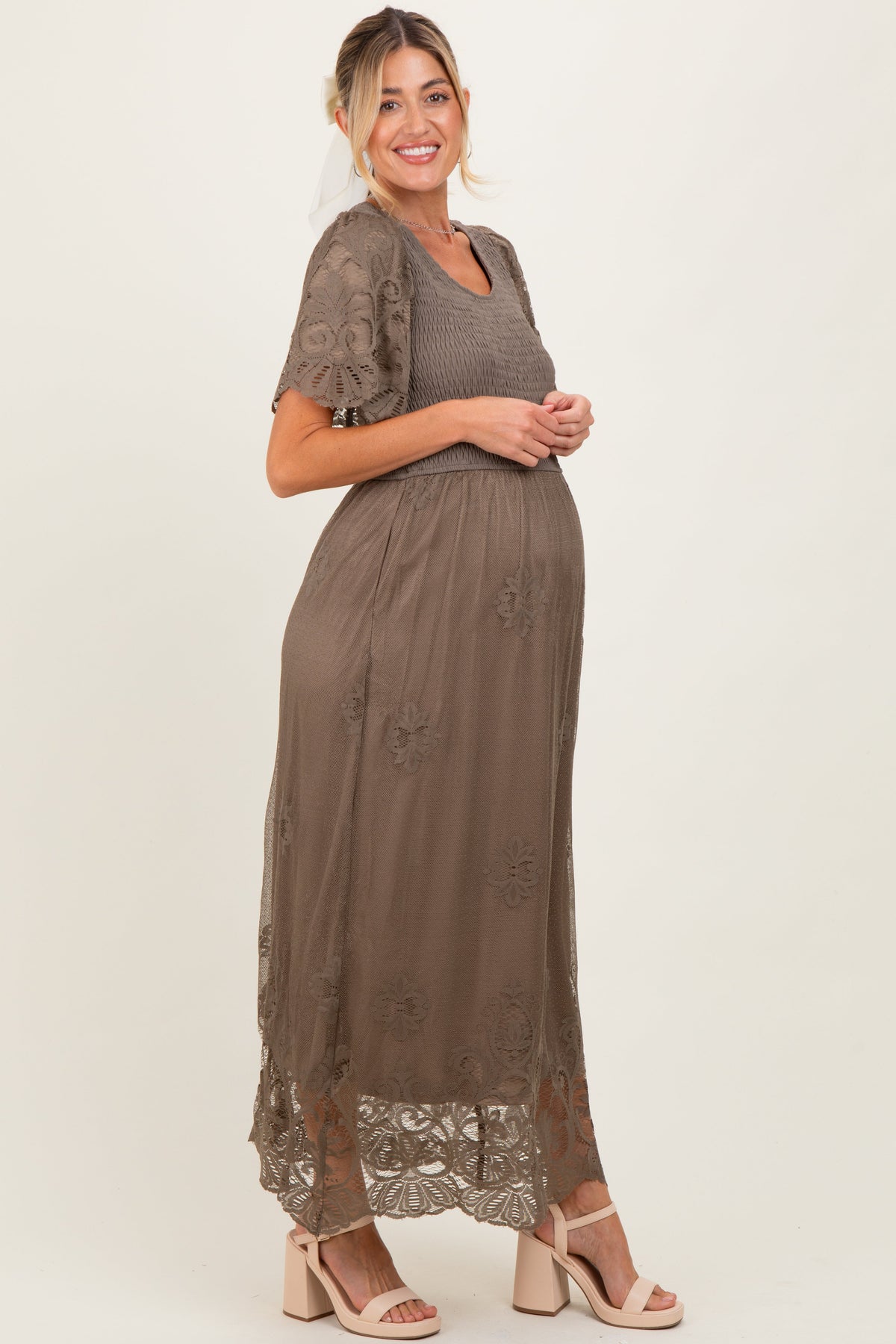 Olive Smocked Lace Detail Maternity Midi Dress