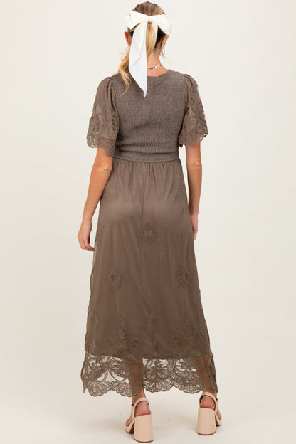 Olive Smocked Lace Detail Maternity Midi Dress