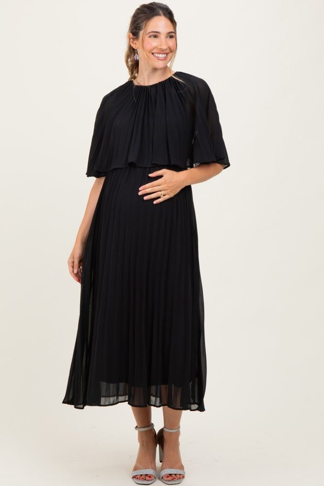 Black Pleated Cape Maternity Midi Dress
