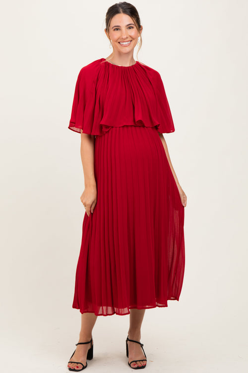 Burgundy Pleated Cape Maternity Midi Dress