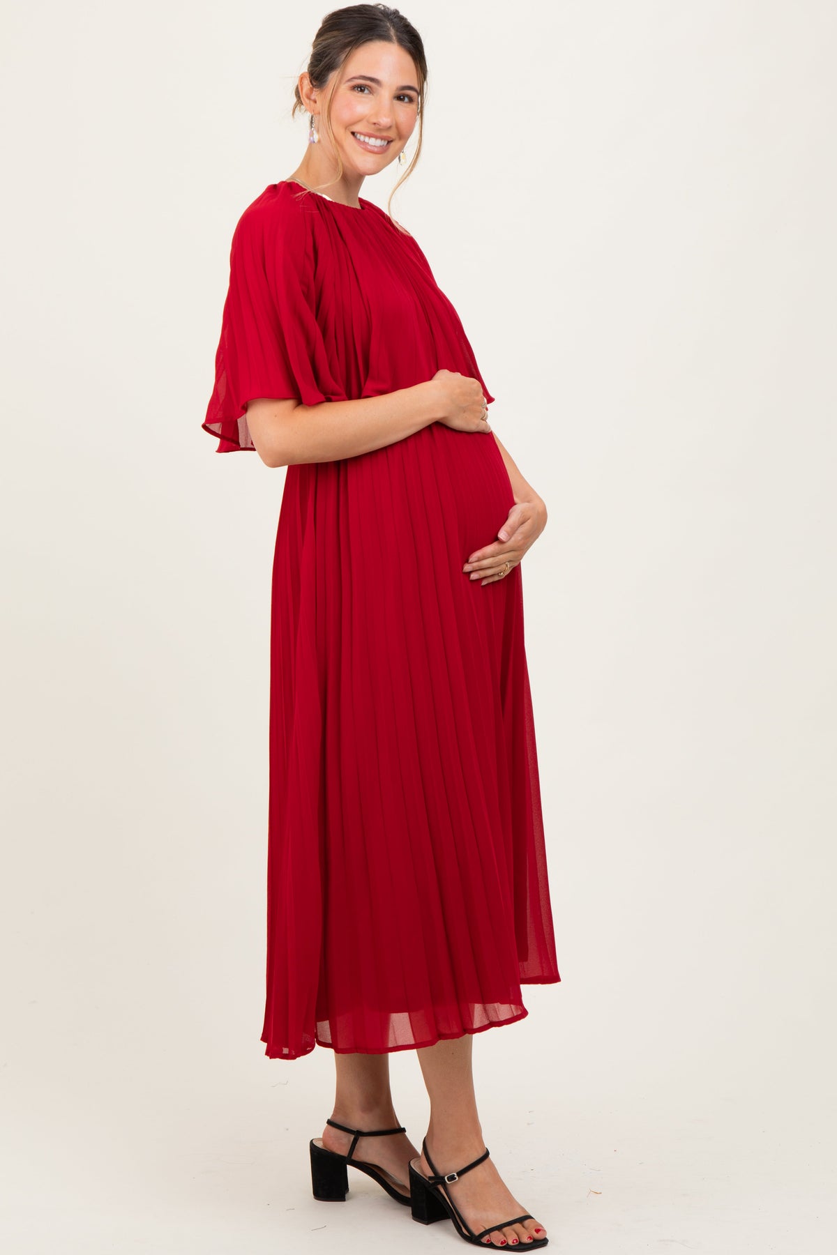 Burgundy Pleated Cape Maternity Midi Dress