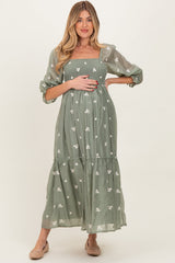 Light Olive Floral Embroidered Smocked 3/4 Sleeve Maternity Midi Dress