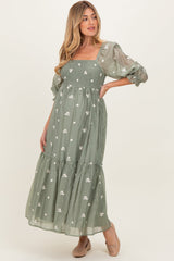 Light Olive Floral Embroidered Smocked 3/4 Sleeve Maternity Midi Dress
