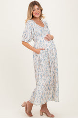 Cream Floral Puff Sleeve Tiered Maternity Maxi Dress