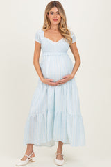 Light Blue Floral Lace Trim Tiered Maternity Maxi Dress