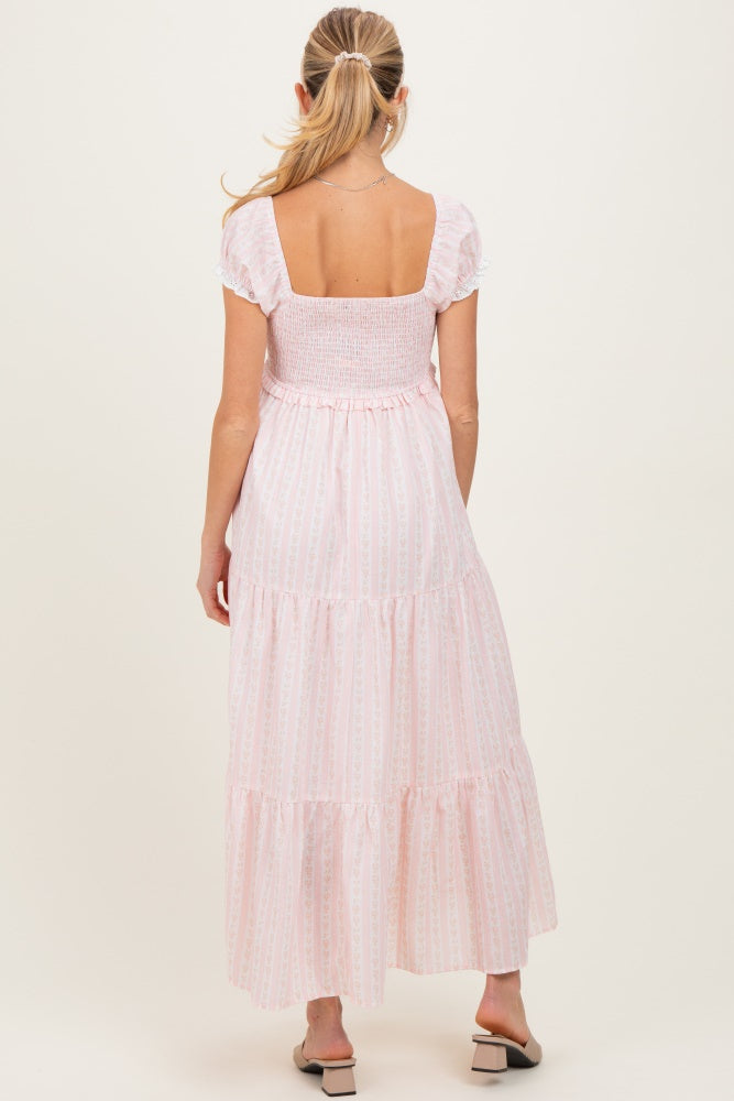 Light Pink Floral Lace Trim Tiered Maternity Maxi Dress