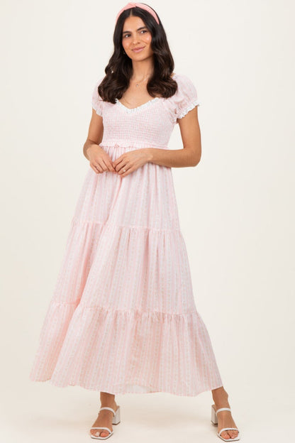 Light Pink Floral Lace Trim Tiered Maternity Maxi Dress