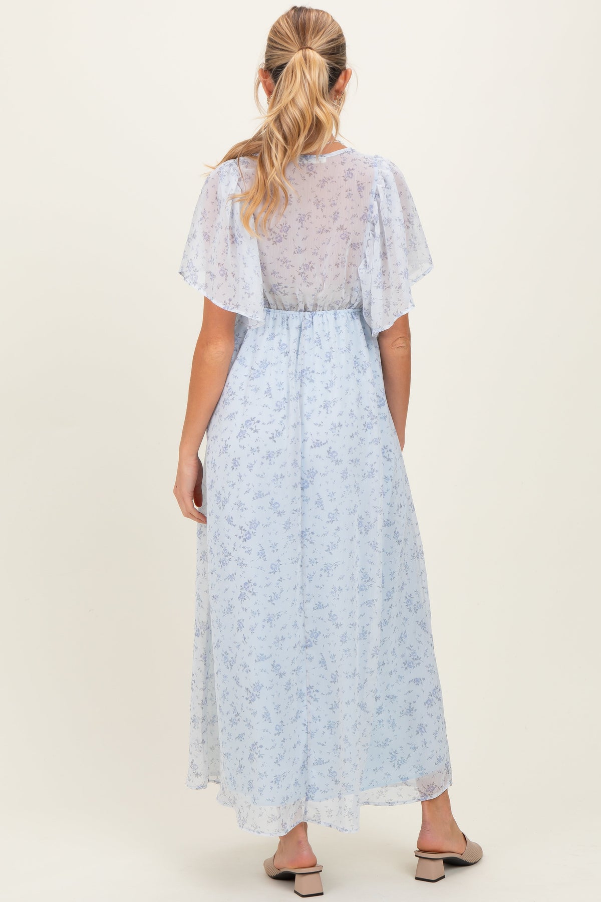 Blue Floral Chiffon Short Sleeve V-Neck Smocked Top Maternity Maxi Dress