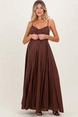 Brown Gathered Tie Front Maternity Maxi Dress