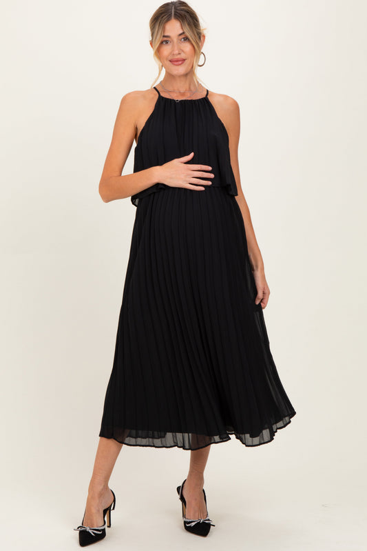 Black Pleated Woven Maternity Midi Dress