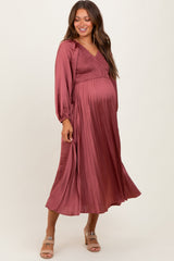 Mauve Satin Smocked Pleated Maternity Midi Dress