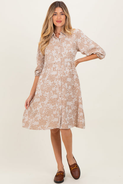 Beige Floral Button Down 3/4 Sleeve Maternity Midi Dress