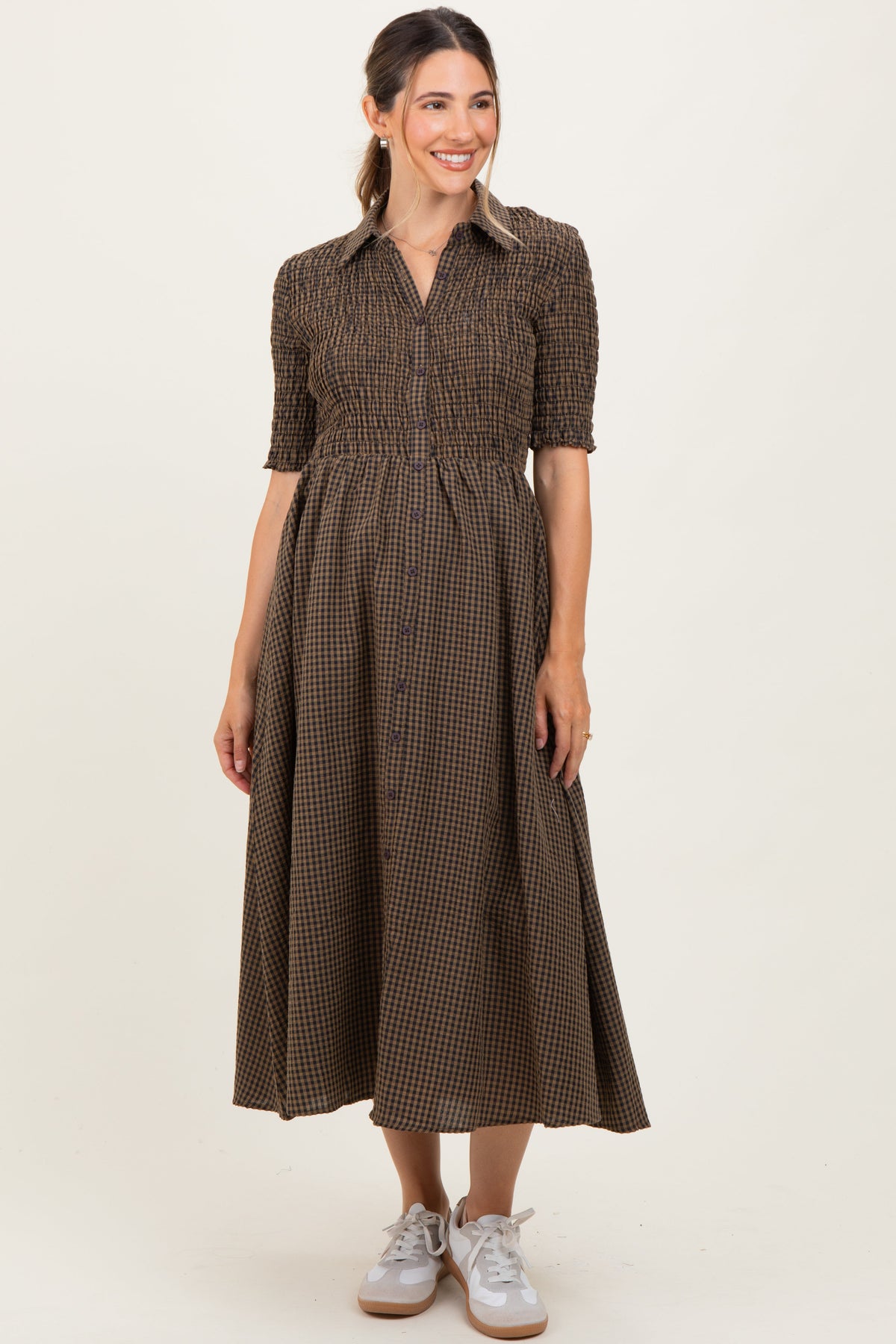 Brown Gingham Smocked Button Down Maternity Midi Dress