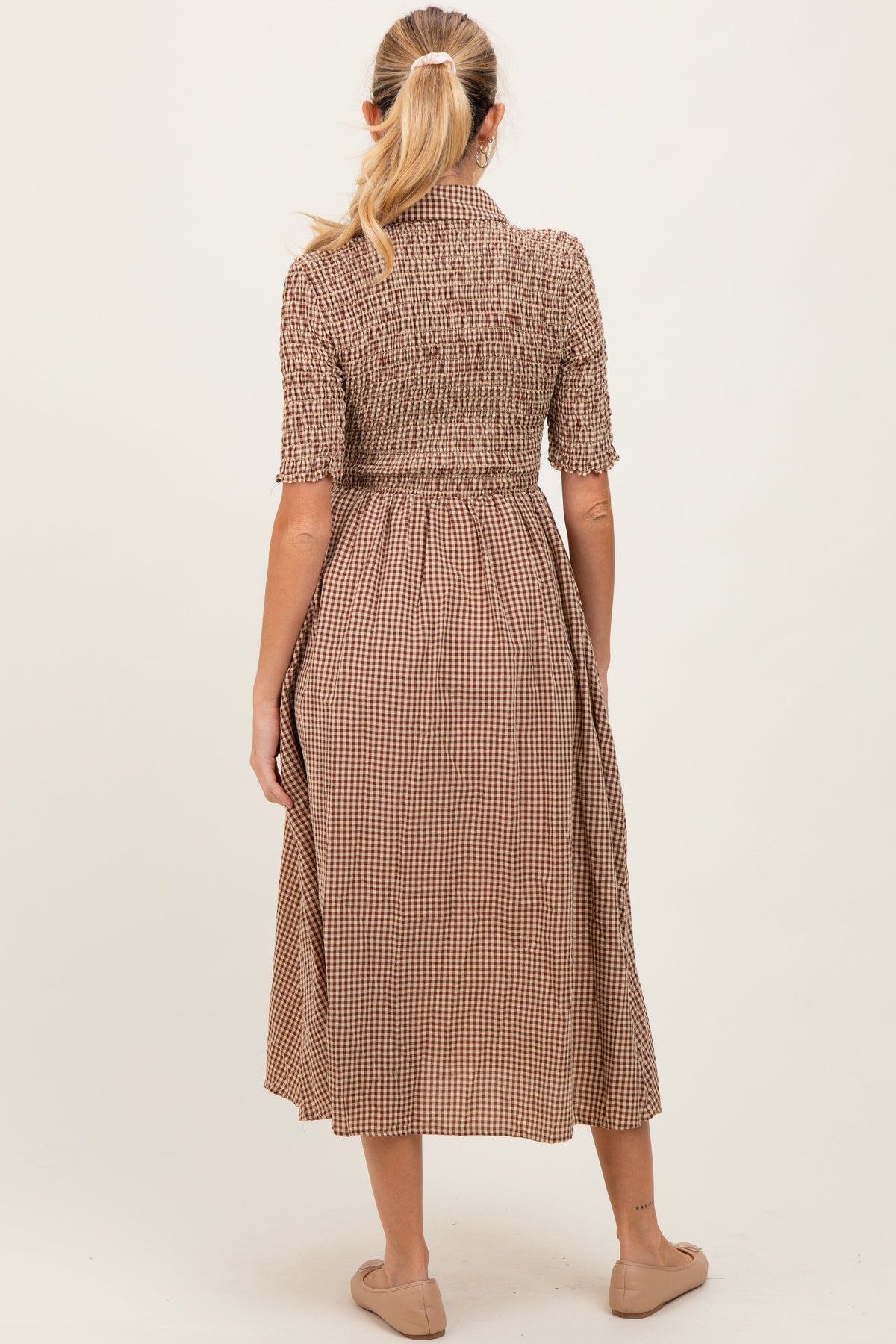 Mocha Gingham Smocked Button Down Maternity Midi Dress