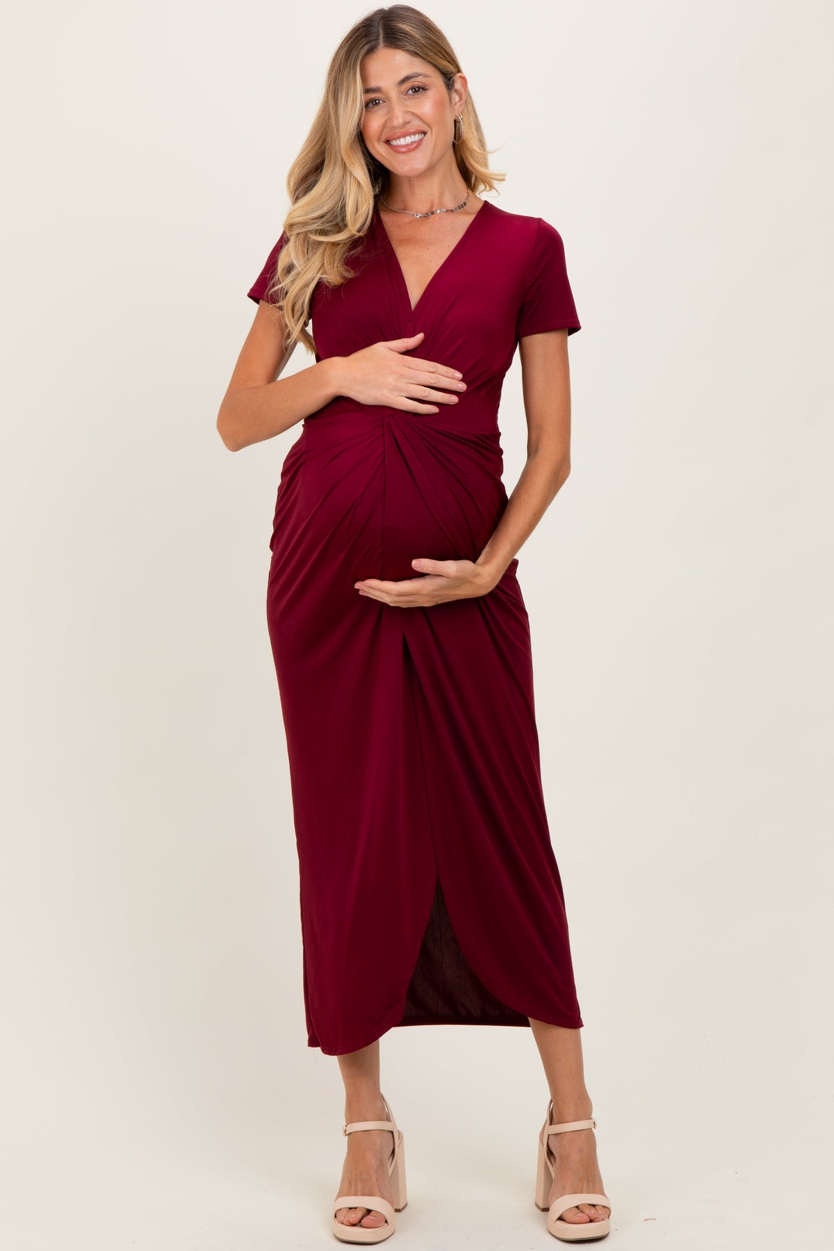 Burgundy Gathered Front Short Sleeve Maternity Maxi Dress