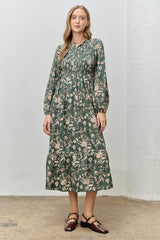 Green Floral Smocked Long Sleeve Maternity Midi Dress