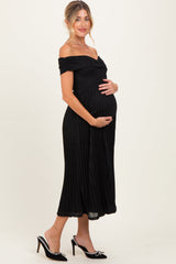 Black Shimmer Off Shoulder Pleated Maternity Midi Dress