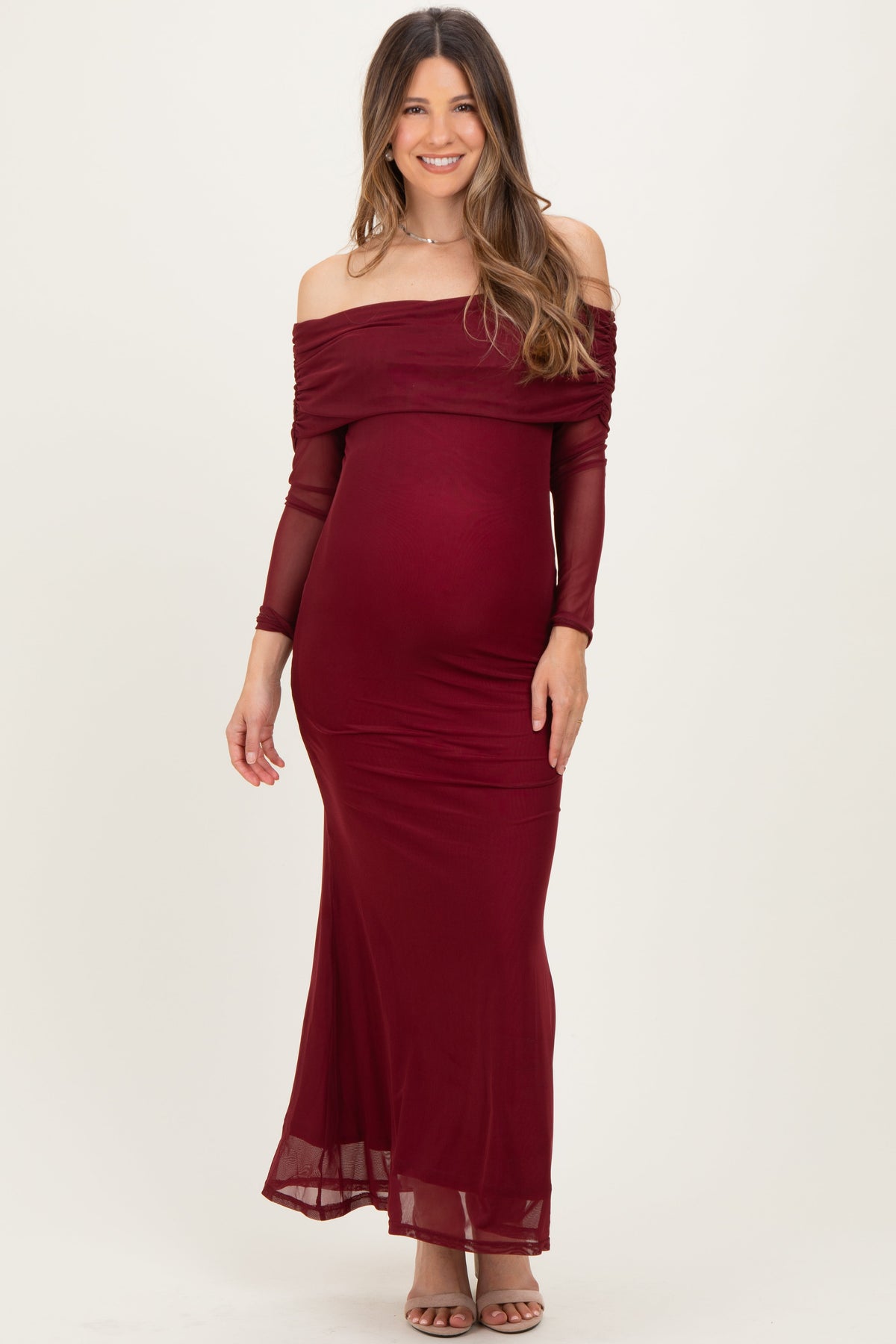 Burgundy Mesh Off Shoulder Long Sleeve Maternity Maxi Dress