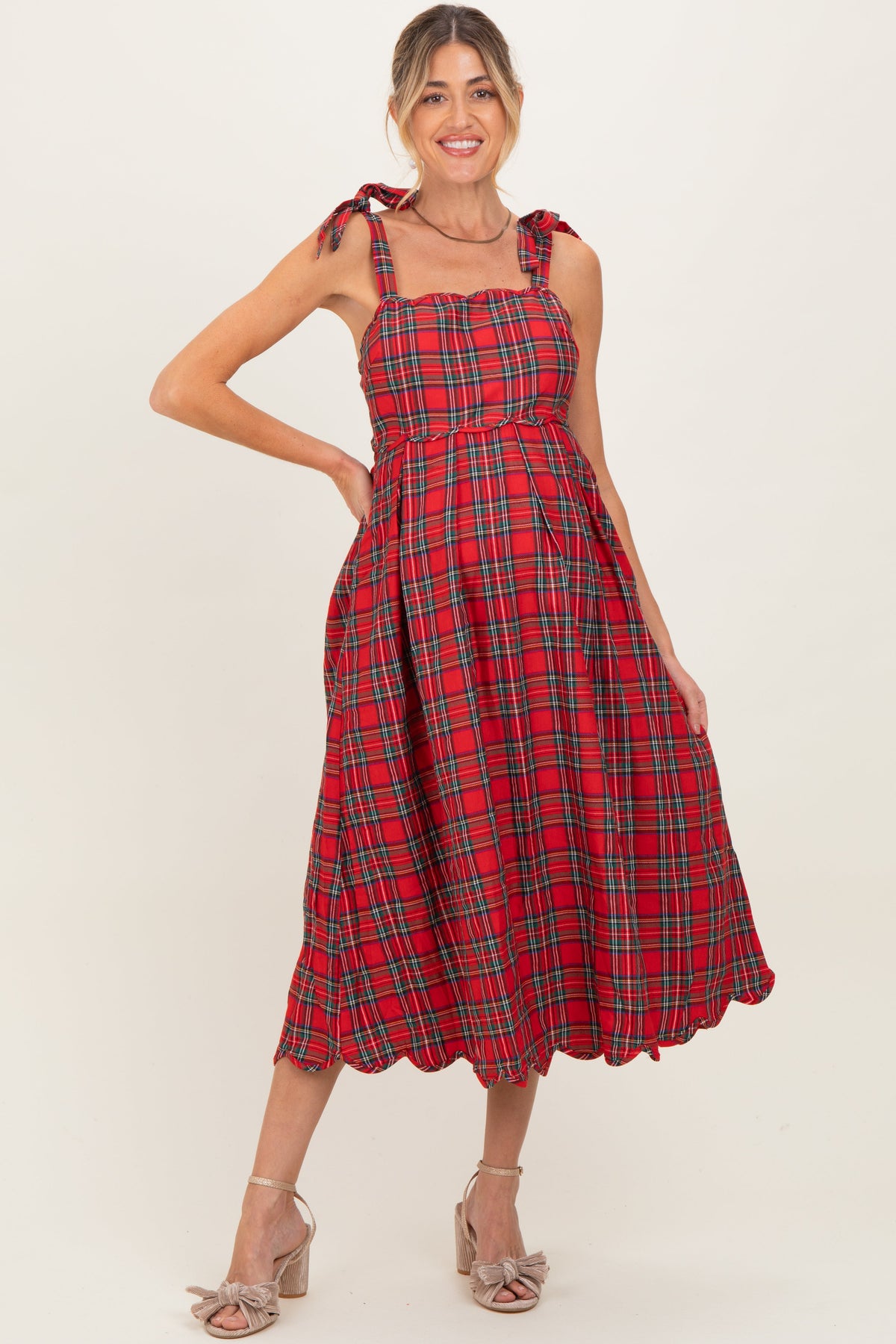 Red Plaid Shoulder Tie Scallop Hem Maternity Midi Dress