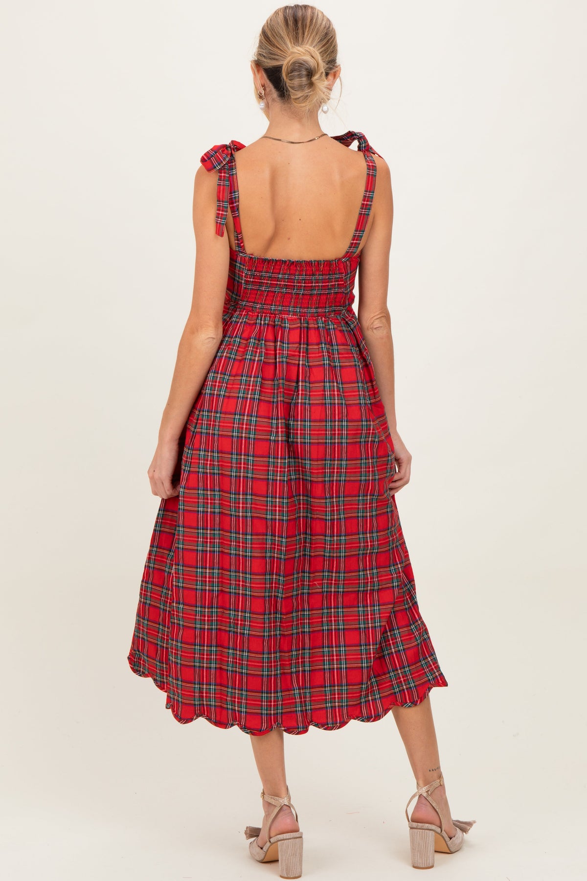 Red Plaid Shoulder Tie Scallop Hem Maternity Midi Dress