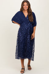 Navy Embroidered Tulle Dolman V-Neck Maternity Midi Dress