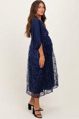 Navy Embroidered Tulle Dolman V-Neck Maternity Midi Dress
