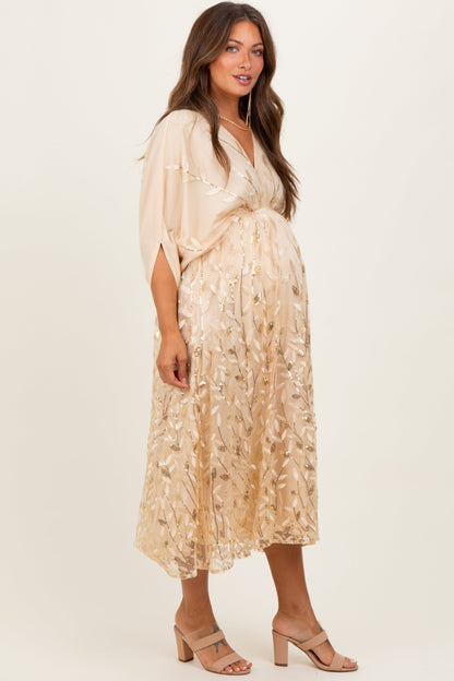 Light Gold Embroidered Tulle Dolman V-Neck Maternity Midi Dress