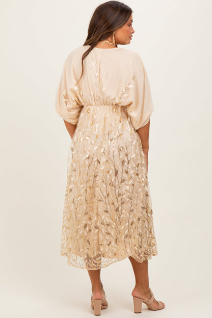 Light Gold Embroidered Tulle Dolman V-Neck Maternity Midi Dress