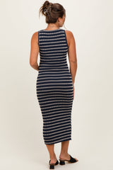 Navy Stripe Ribbed Sleeveless V Neck Maternity Maxi Dress