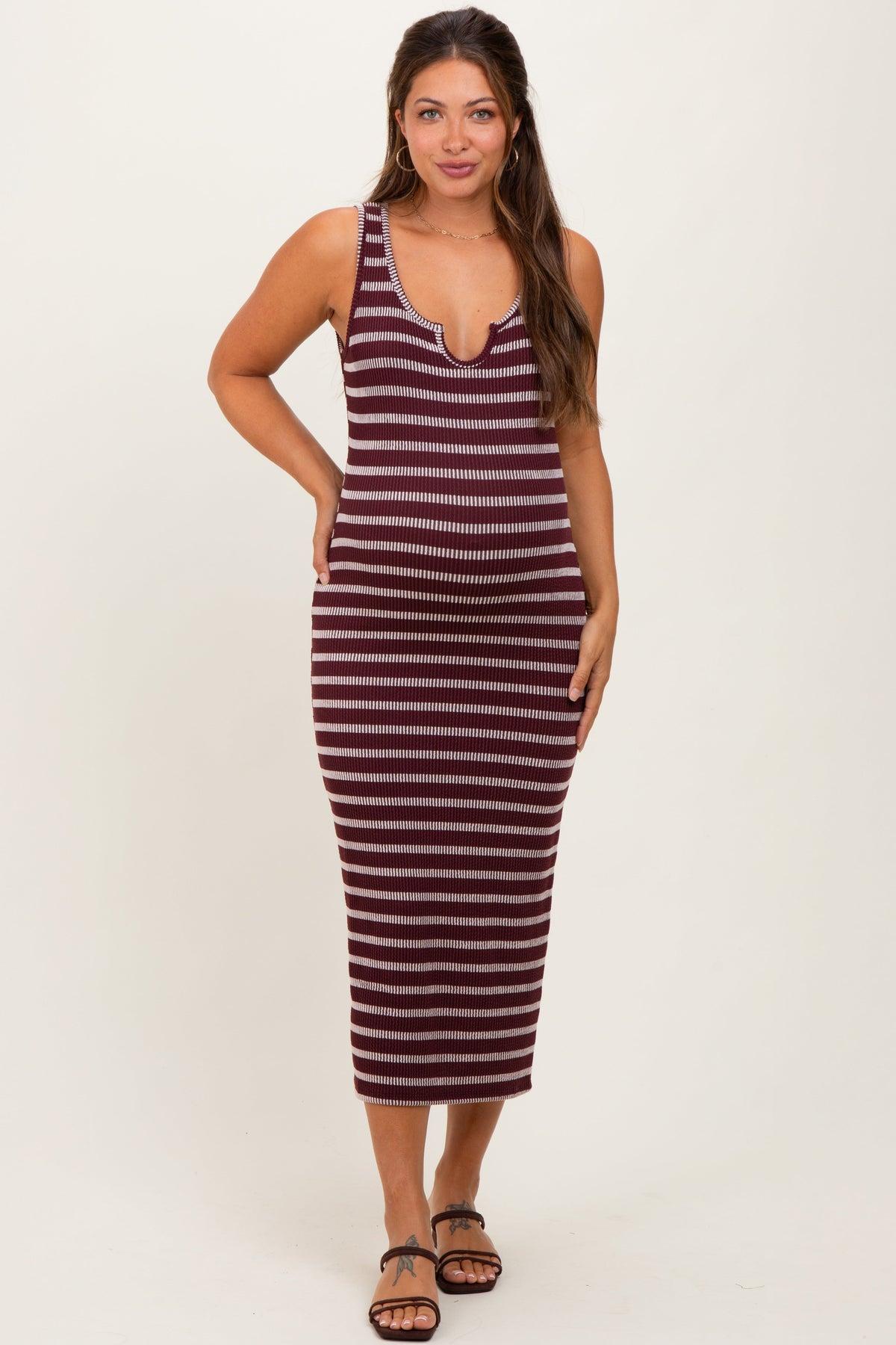 Burgundy Stripe Ribbed Sleeveless V Neck Maternity Maxi Dress
