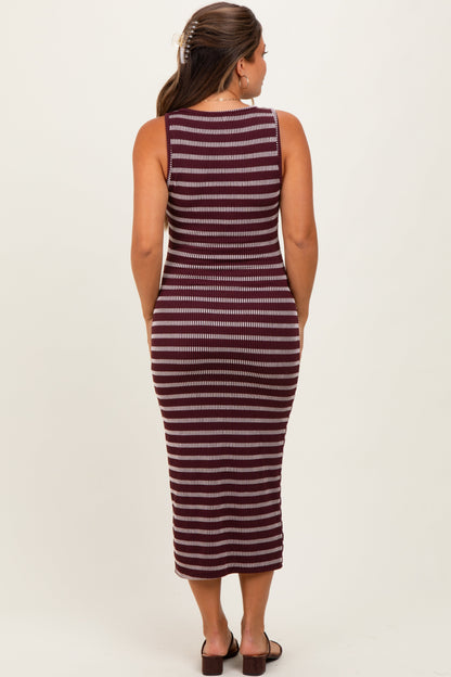 Burgundy Stripe Ribbed Sleeveless V Neck Maternity Maxi Dress