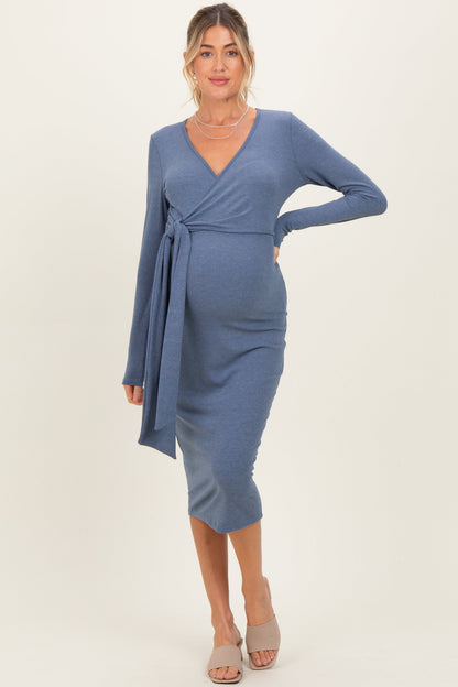 Denim Blue Ribbed Long Sleeve Maternity Wrap Dress