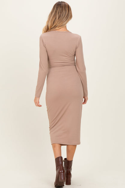 Taupe Ribbed Long Sleeve Maternity Wrap Dress