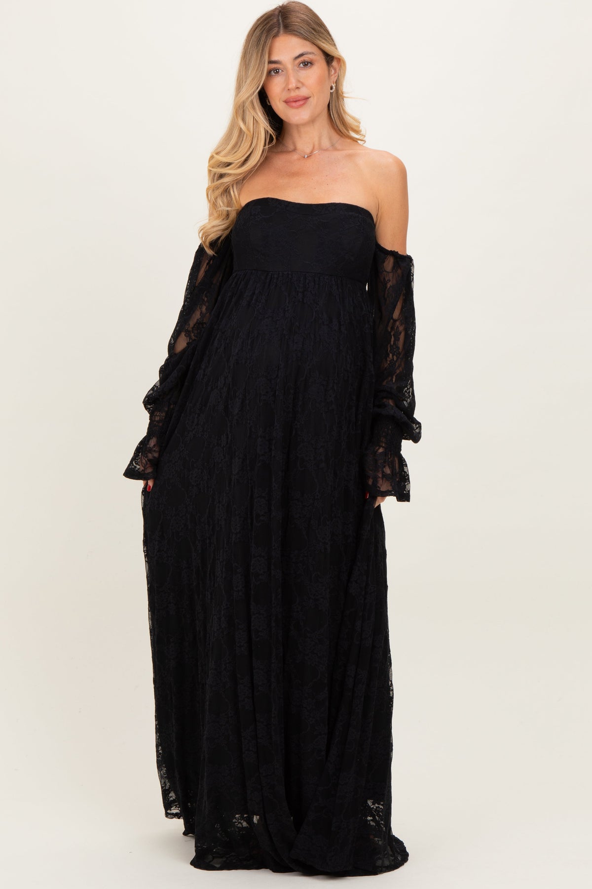 Black Lace Smocked Long Sleeve Off Shoulder Maternity Maxi Dress