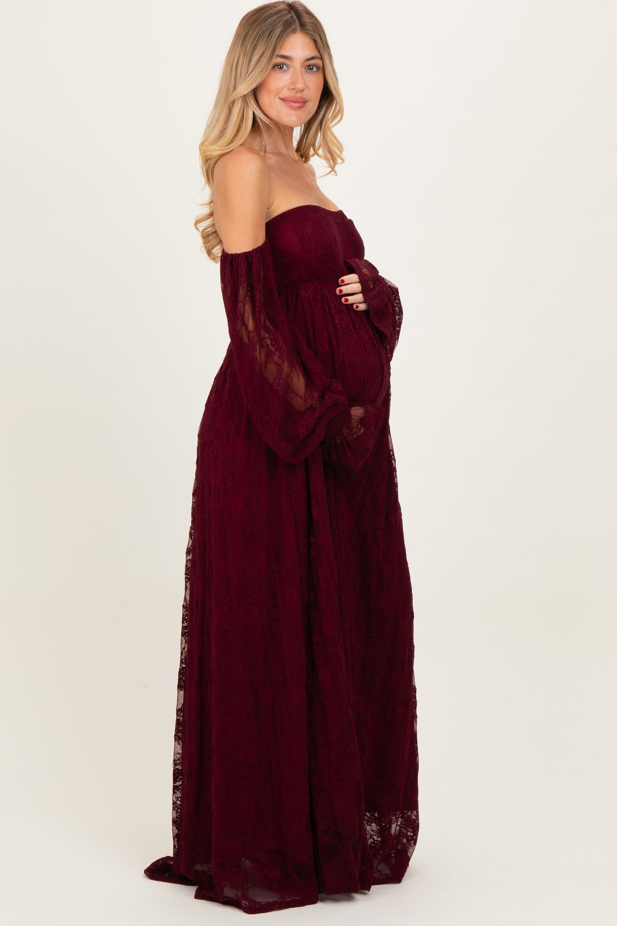 Burgundy Lace Smocked Long Sleeve Off Shoulder Maternity Maxi Dress