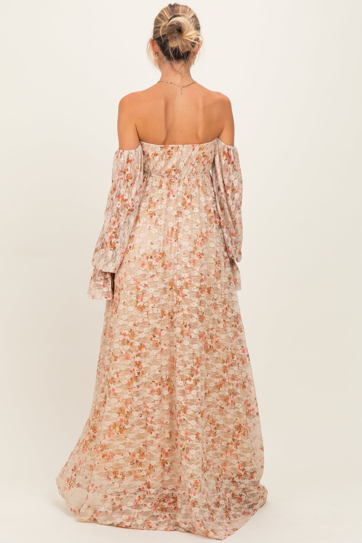 Multi Color Floral Lace Smocked Long Sleeve Off Shoulder Maternity Maxi Dress