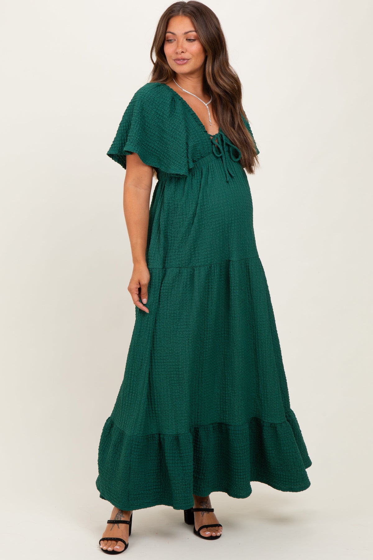 Hunter Green Woven Textured Flutter Sleeve V-Neck Tiered Maternity Maxi Dress