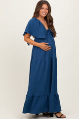 Royal Blue Woven Textured Flutter Sleeve V-Neck Tiered Maternity Maxi Dress