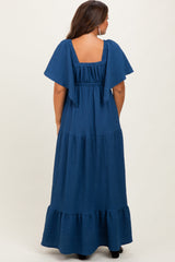 Royal Blue Woven Textured Flutter Sleeve V-Neck Tiered Maternity Maxi Dress