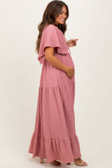 Mauve Woven Textured Flutter Sleeve V-Neck Tiered Maternity Maxi Dress