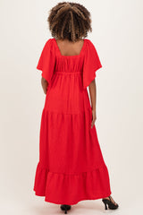 Red Woven Textured Flutter Sleeve V-Neck Tiered Maternity Maxi Dress