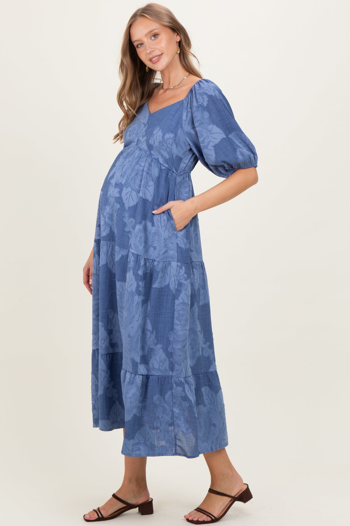 Blue Floral Textured Tiered Midi Maternity Dress
