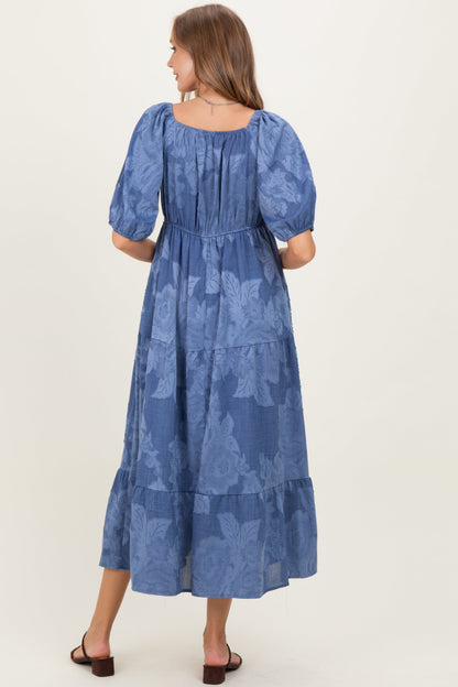 Blue Floral Textured Tiered Midi Maternity Dress