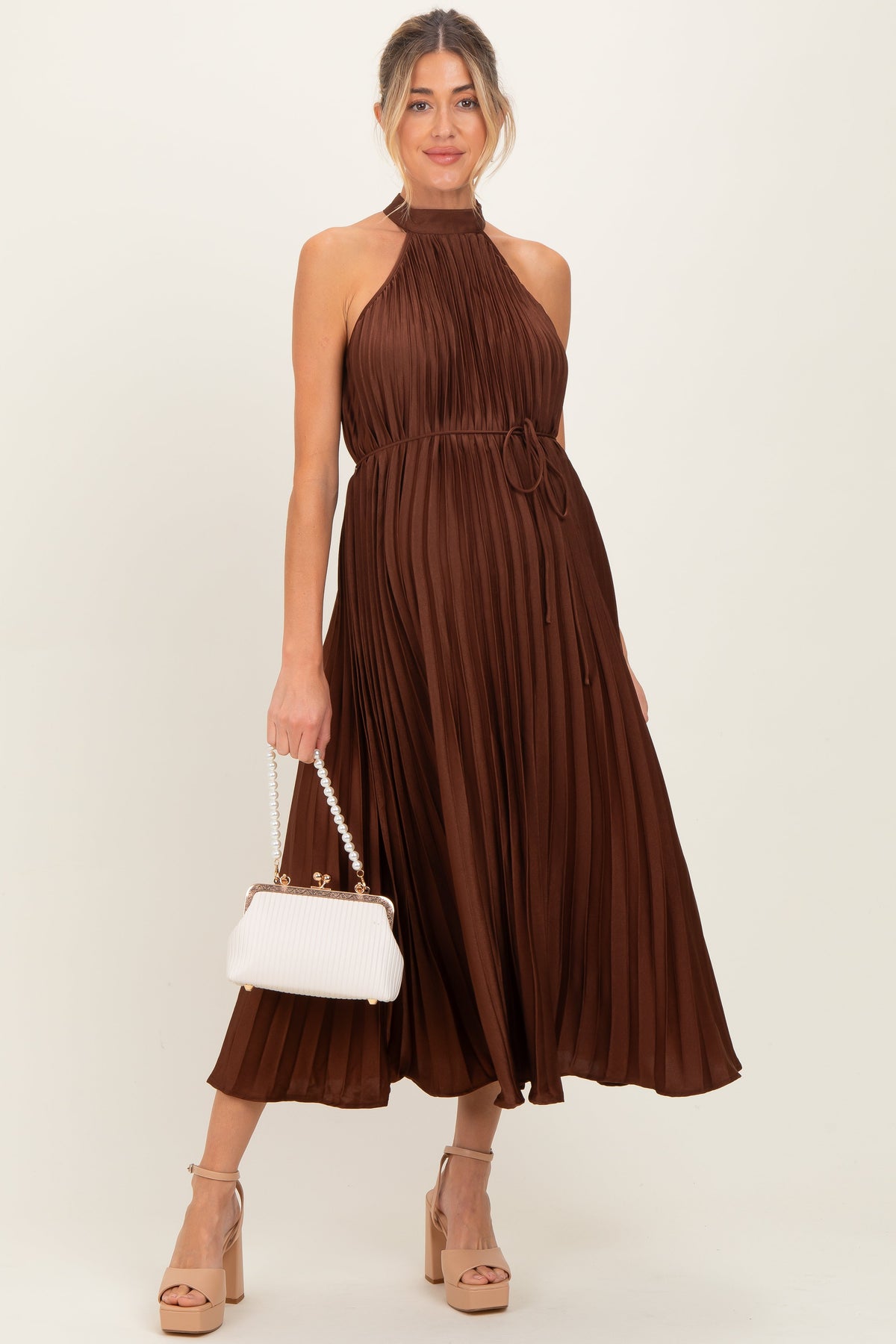Brown Pleated Maternity Halter Dress