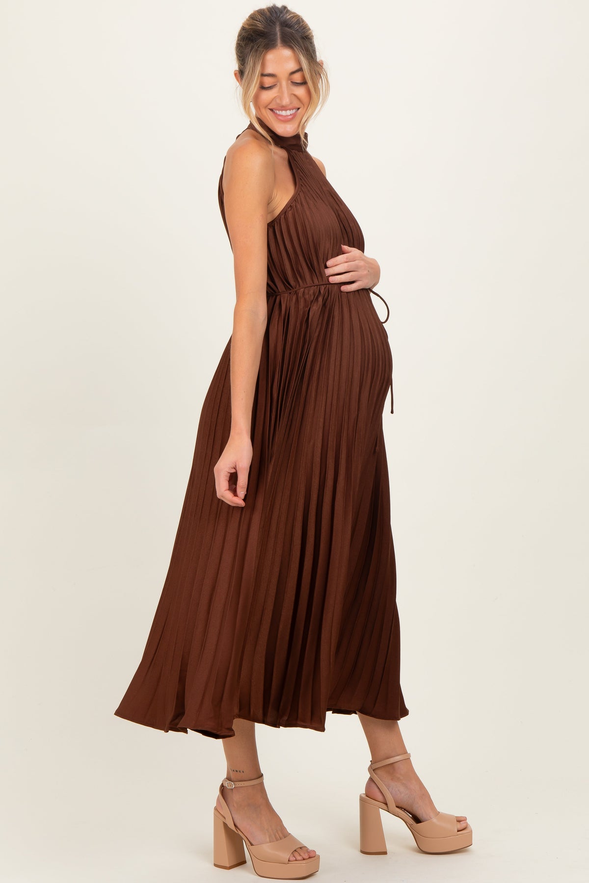 Brown Pleated Maternity Halter Dress