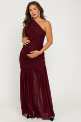 Dark Burgundy Ruched Mesh One Shoulder Maternity Maxi Dress