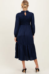 Navy Mock Neck Satin Smocked Chest Maternity Dress